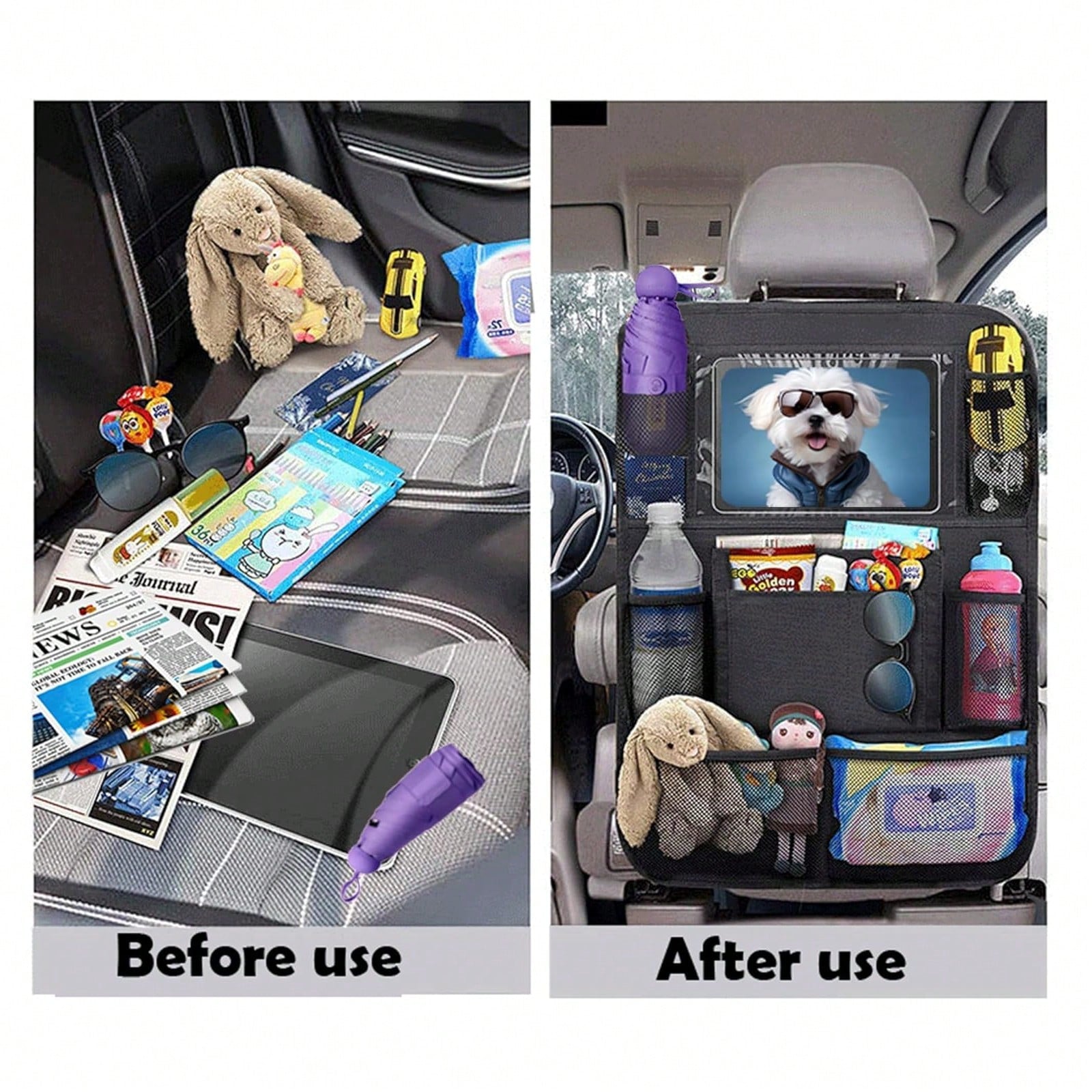 Car Backseat Organizer With 10" Table Holder, 9 Storage Pockets Seat Back Protectors Kick Mats For Kids Toddlers, Travel Accessories