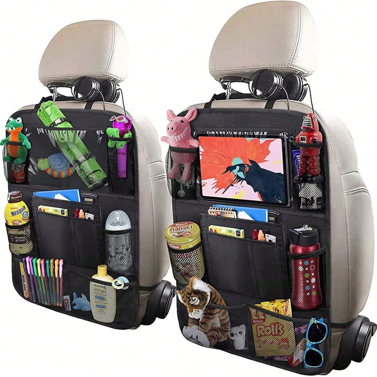 Car Backseat Organizer With 10" Table Holder, 9 Storage Pockets Seat Back Protectors Kick Mats For Kids Toddlers, Travel Accessories