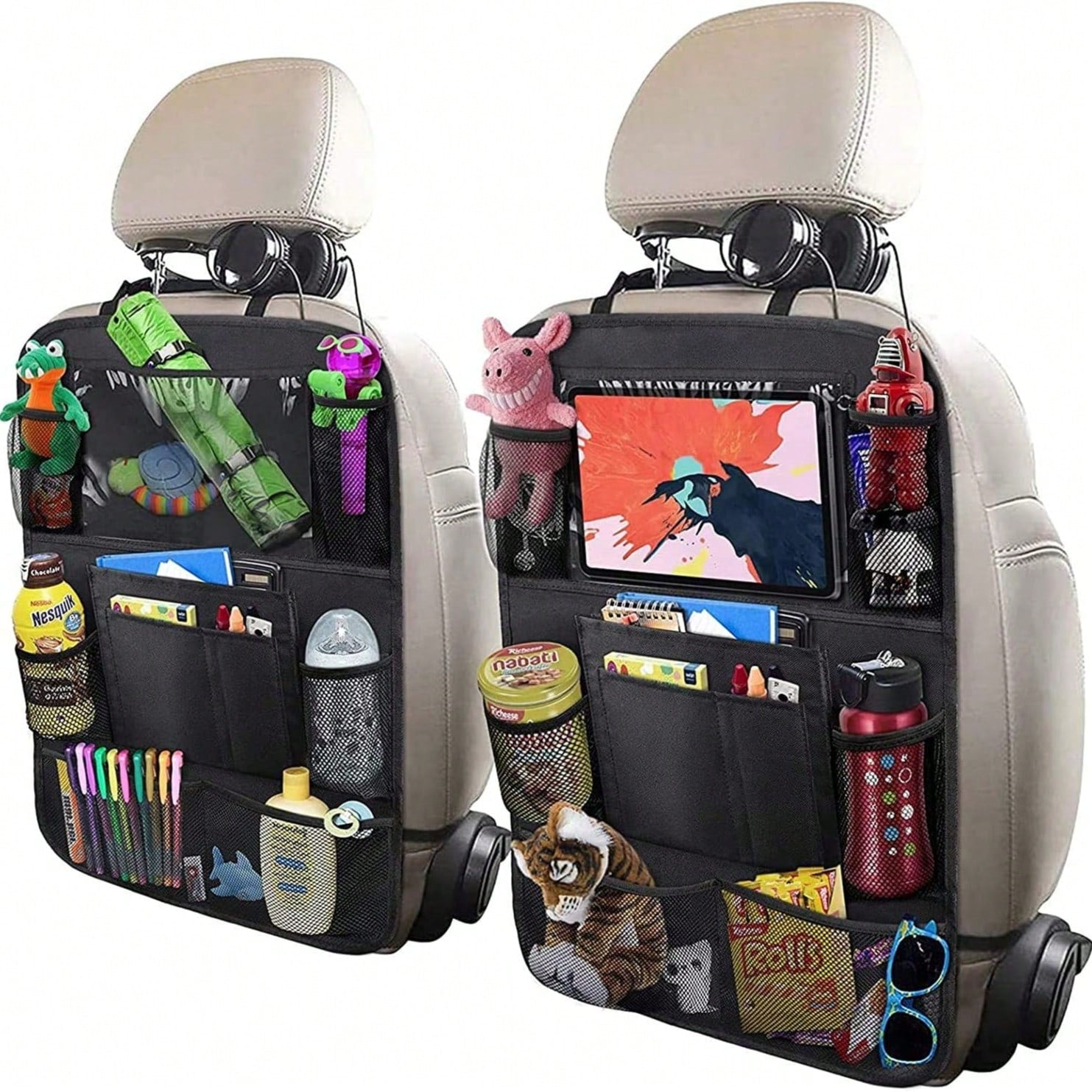Car Backseat Organizer With 10" Table Holder, 9 Storage Pockets Seat Back Protectors Kick Mats For Kids Toddlers, Travel Accessories