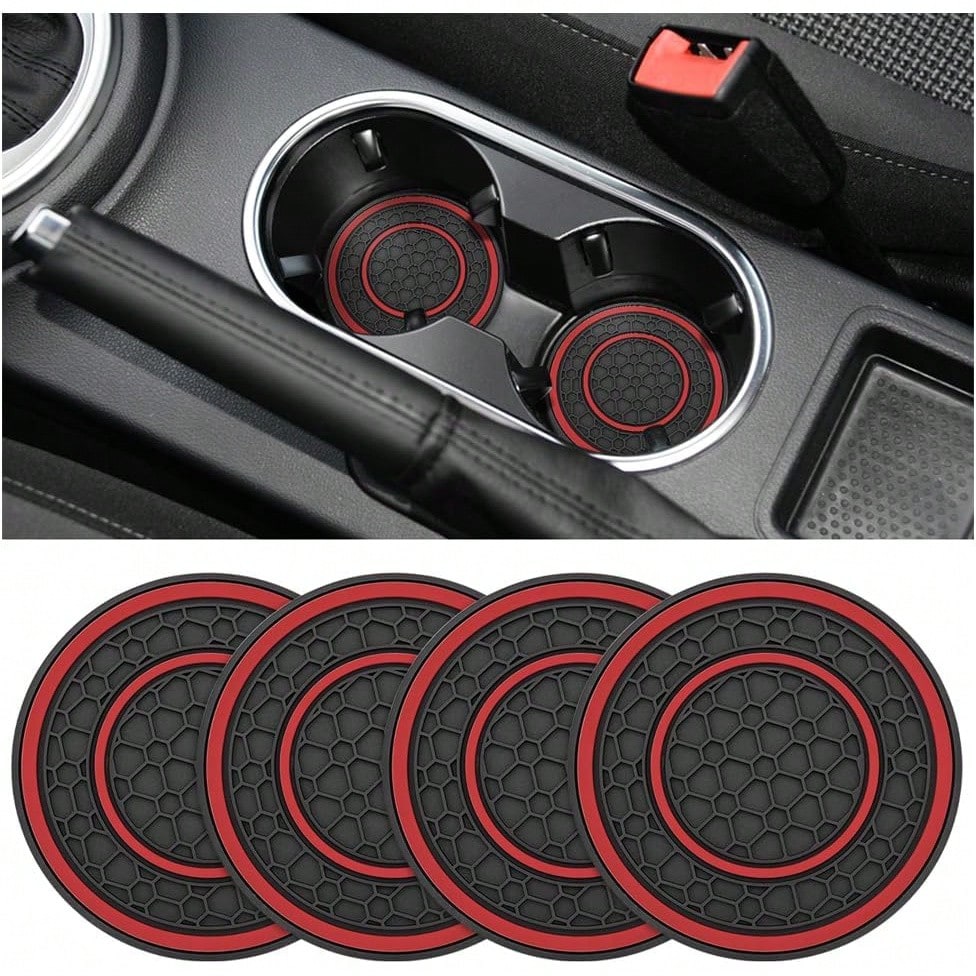 Car Cup Holder Coaster, 4PCS Flexible Silicone Insulation Anti-Slip Insert Vehicle Drink, Shockproof Embedded Auto Interior Bottle Holder Pad, Universal Fit (Black/Red) 0HBF