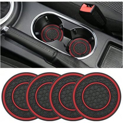 Car Cup Holder Coaster, 4PCS Flexible Silicone Insulation Anti-Slip Insert Vehicle Drink, Shockproof Embedded Auto Interior Bottle Holder Pad, Universal Fit (Black/Red) 0HBF