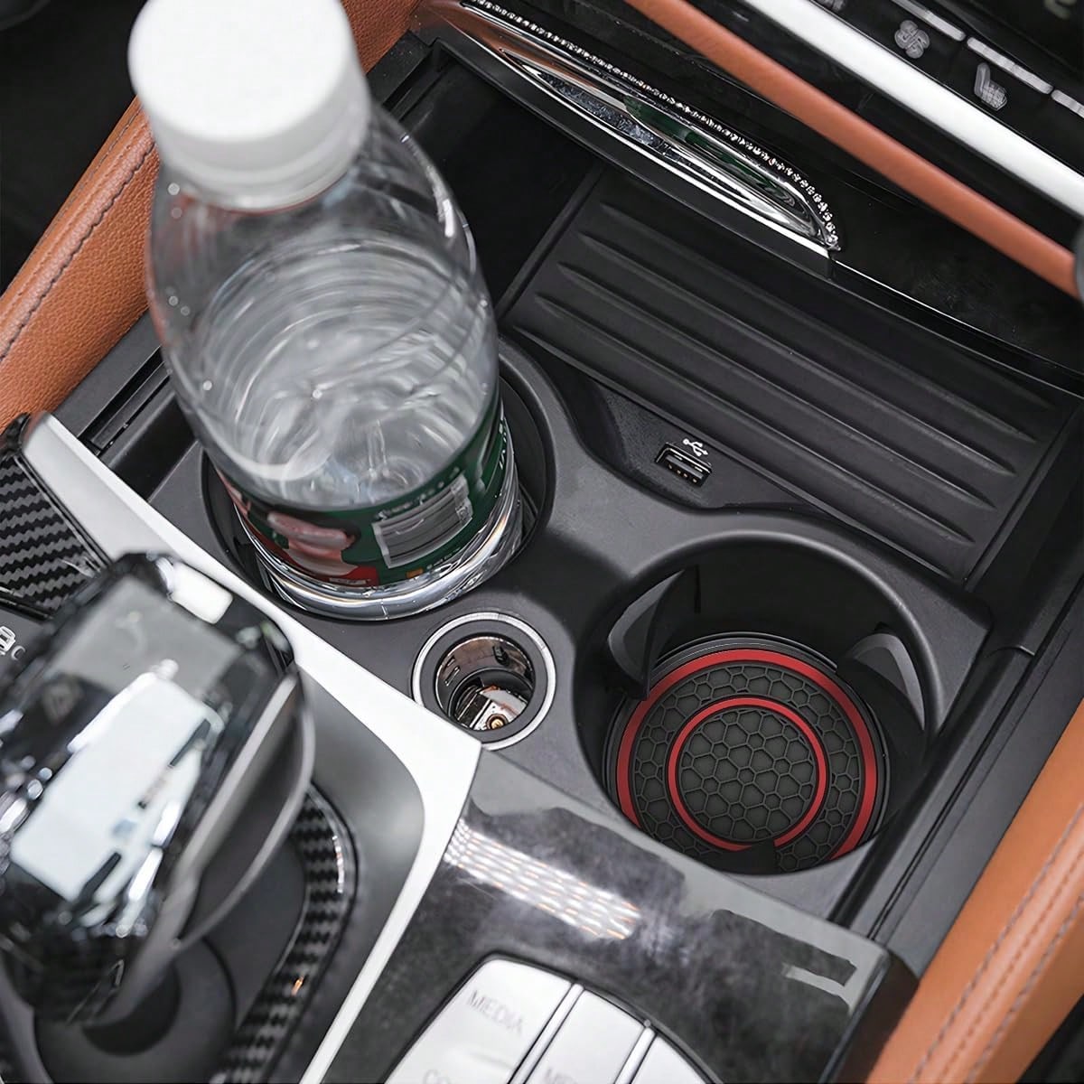 Car Cup Holder Coaster, 4PCS Flexible Silicone Insulation Anti-Slip Insert Vehicle Drink, Shockproof Embedded Auto Interior Bottle Holder Pad, Universal Fit (Black/Red) 0HBF