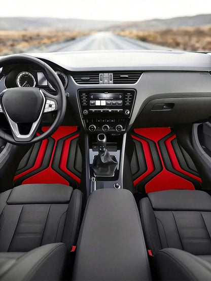 Car Floor Mats/2D Flat, 2/4pcs Set With Geometric Abstract Design, Bold Red & Black Color Scheme, Made Of, Modern & Sleek Look, Suitable For Car Interiors