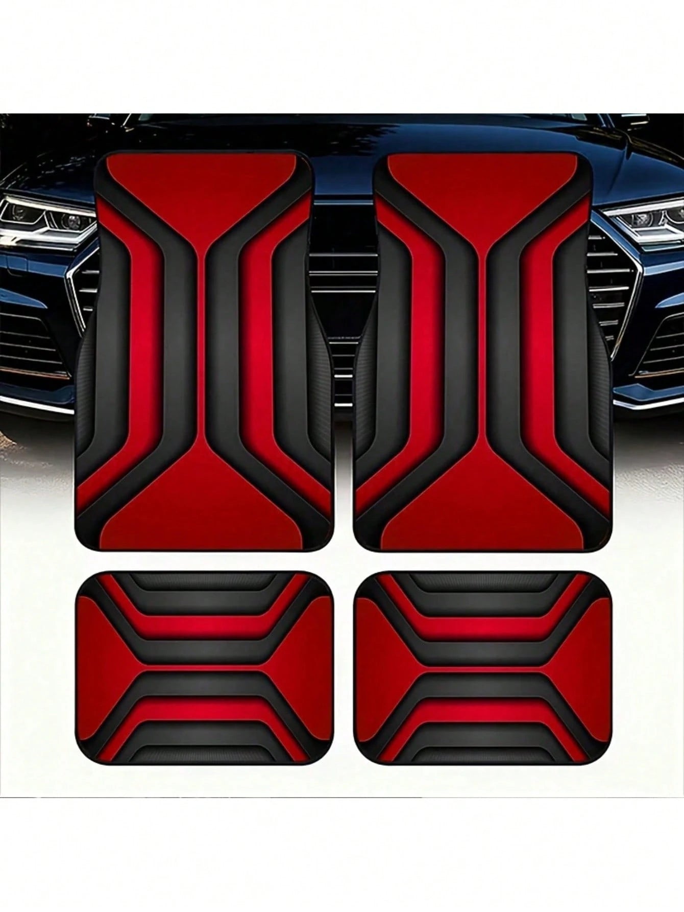 Car Floor Mats/2D Flat, 2/4pcs Set With Geometric Abstract Design, Bold Red & Black Color Scheme, Made Of, Modern & Sleek Look, Suitable For Car Interiors