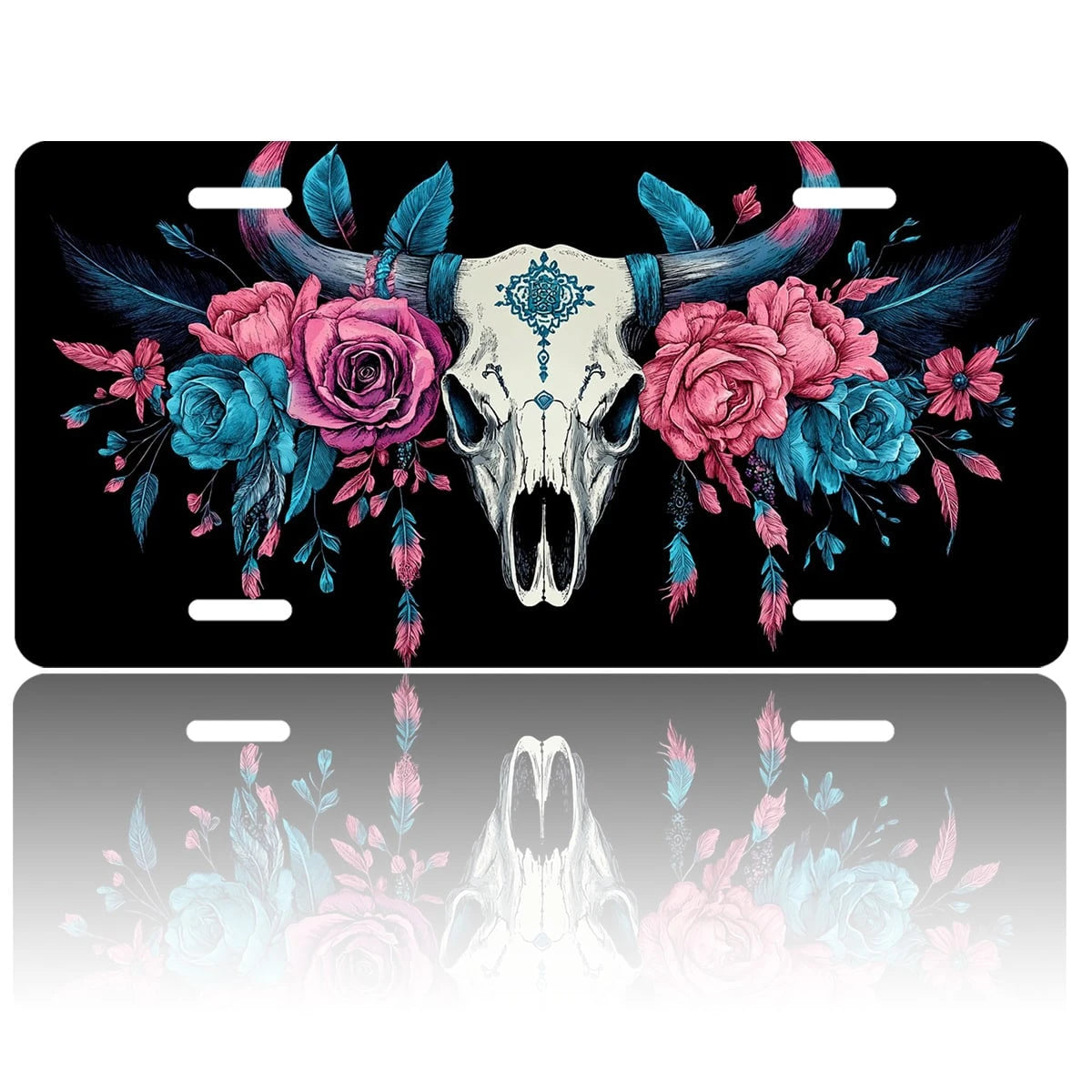 Car Front License Plate, Bull Skull With Flowers And Funny License Plate Personalized Car Decoration Rust-Proof Stainless Steel Vanity Car Tags Accessories For Women Men,12.2" X 6.2"