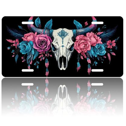 Car Front License Plate, Bull Skull With Flowers And Funny License Plate Personalized Car Decoration Rust-Proof Stainless Steel Vanity Car Tags Accessories For Women Men,12.2" X 6.2"