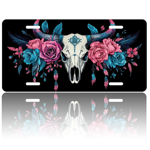 Car Front License Plate, Bull Skull With Flowers And Funny License Plate Personalized Car Decoration Rust-Proof Stainless Steel Vanity Car Tags Accessories For Women Men,12.2" X 6.2"