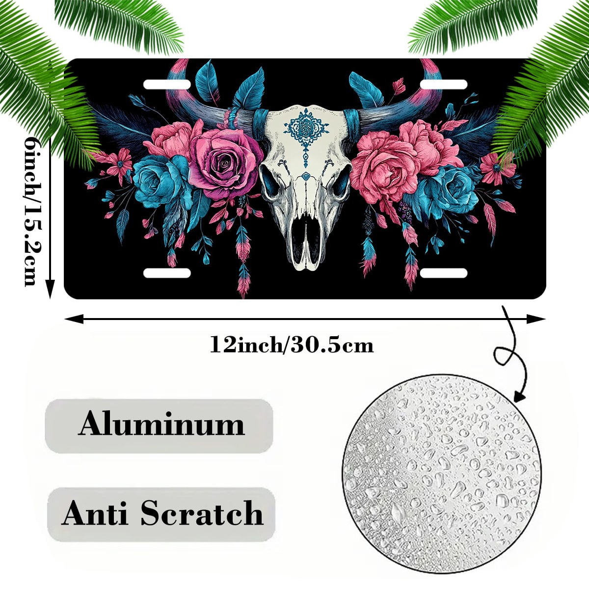 Car Front License Plate, Bull Skull With Flowers And Funny License Plate Personalized Car Decoration Rust-Proof Stainless Steel Vanity Car Tags Accessories For Women Men,12.2" X 6.2"