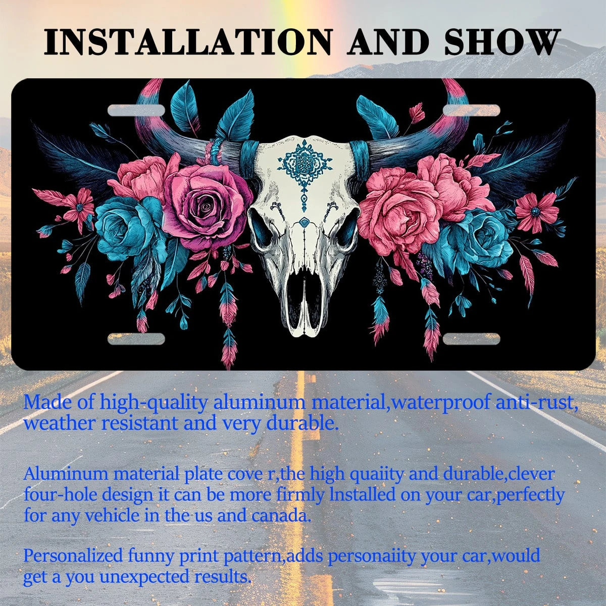 Car Front License Plate, Bull Skull With Flowers And Funny License Plate Personalized Car Decoration Rust-Proof Stainless Steel Vanity Car Tags Accessories For Women Men,12.2" X 6.2"