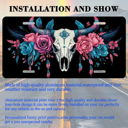 Car Front License Plate, Bull Skull With Flowers And Funny License Plate Personalized Car Decoration Rust-Proof Stainless Steel Vanity Car Tags Accessories For Women Men,12.2" X 6.2"