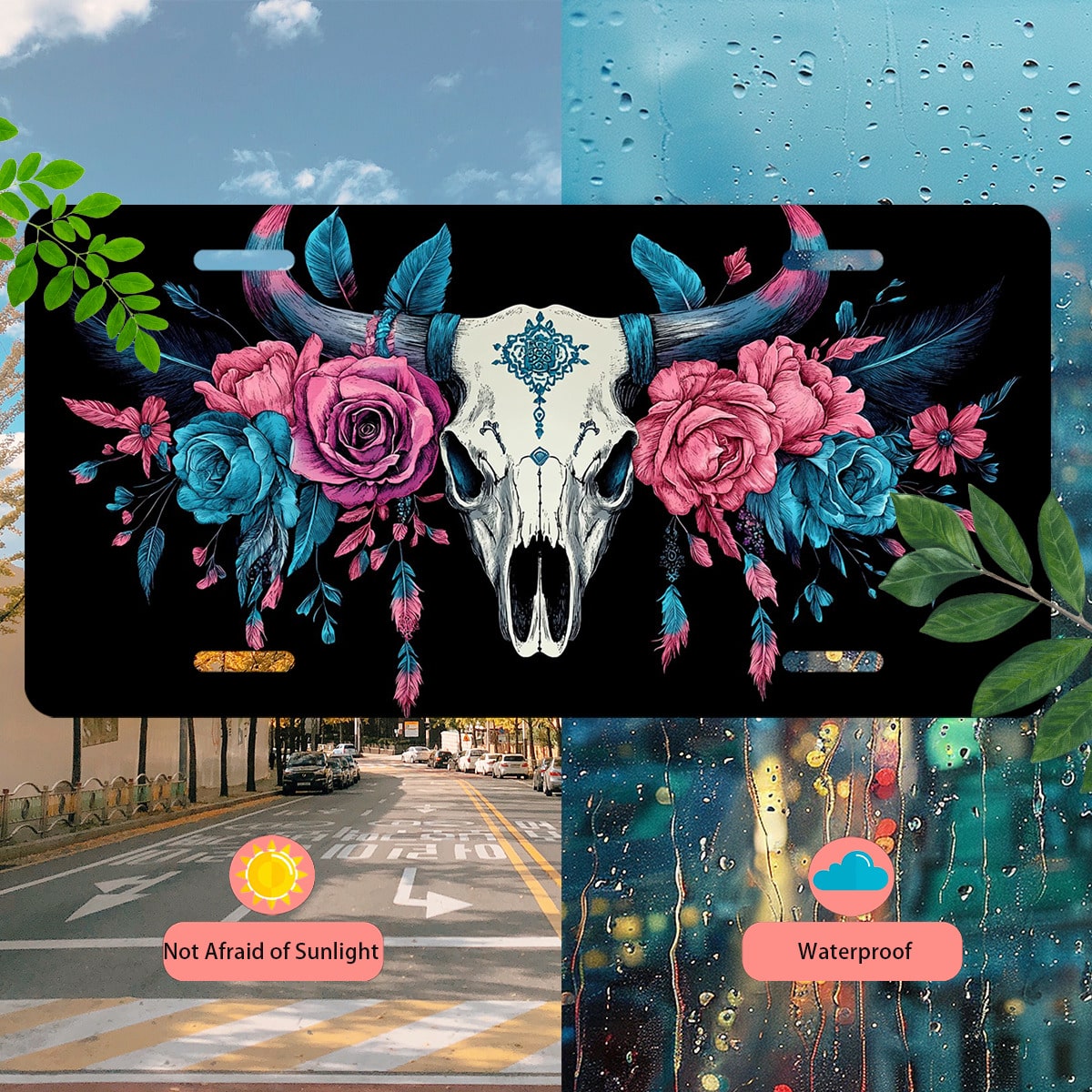 Car Front License Plate, Bull Skull With Flowers And Funny License Plate Personalized Car Decoration Rust-Proof Stainless Steel Vanity Car Tags Accessories For Women Men,12.2" X 6.2"