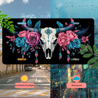 Car Front License Plate, Bull Skull With Flowers And Funny License Plate Personalized Car Decoration Rust-Proof Stainless Steel Vanity Car Tags Accessories For Women Men,12.2" X 6.2"