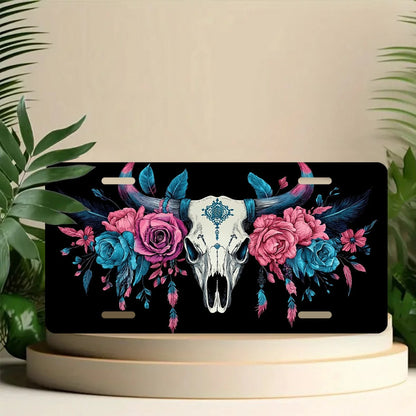 Car Front License Plate, Bull Skull With Flowers And Funny License Plate Personalized Car Decoration Rust-Proof Stainless Steel Vanity Car Tags Accessories For Women Men,12.2" X 6.2"