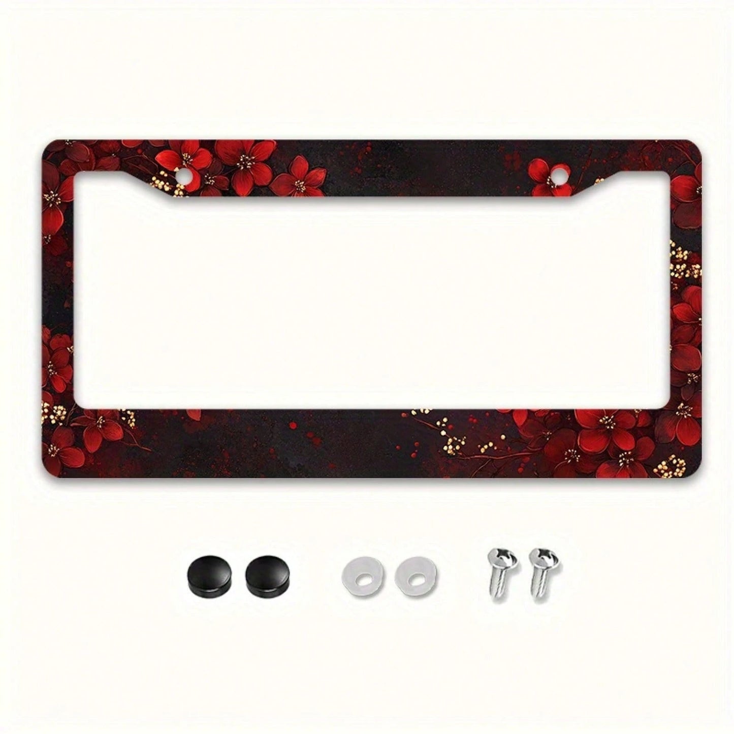 Car K 1PC 2D Flat License Plate Frame, Adorned With Exquisite Red Flowers And Gold Accents, Suitable For American And Most International Vehicles, Includes Mounting Screws, Is A Perfect Car Decoration