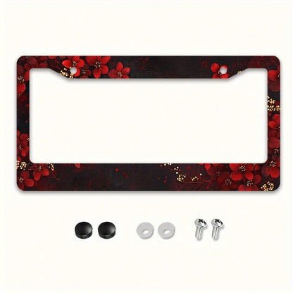 Car K 1PC 2D Flat License Plate Frame, Adorned With Exquisite Red Flowers And Gold Accents, Suitable For American And Most International Vehicles, Includes Mounting Screws, Is A Perfect Car Decoration