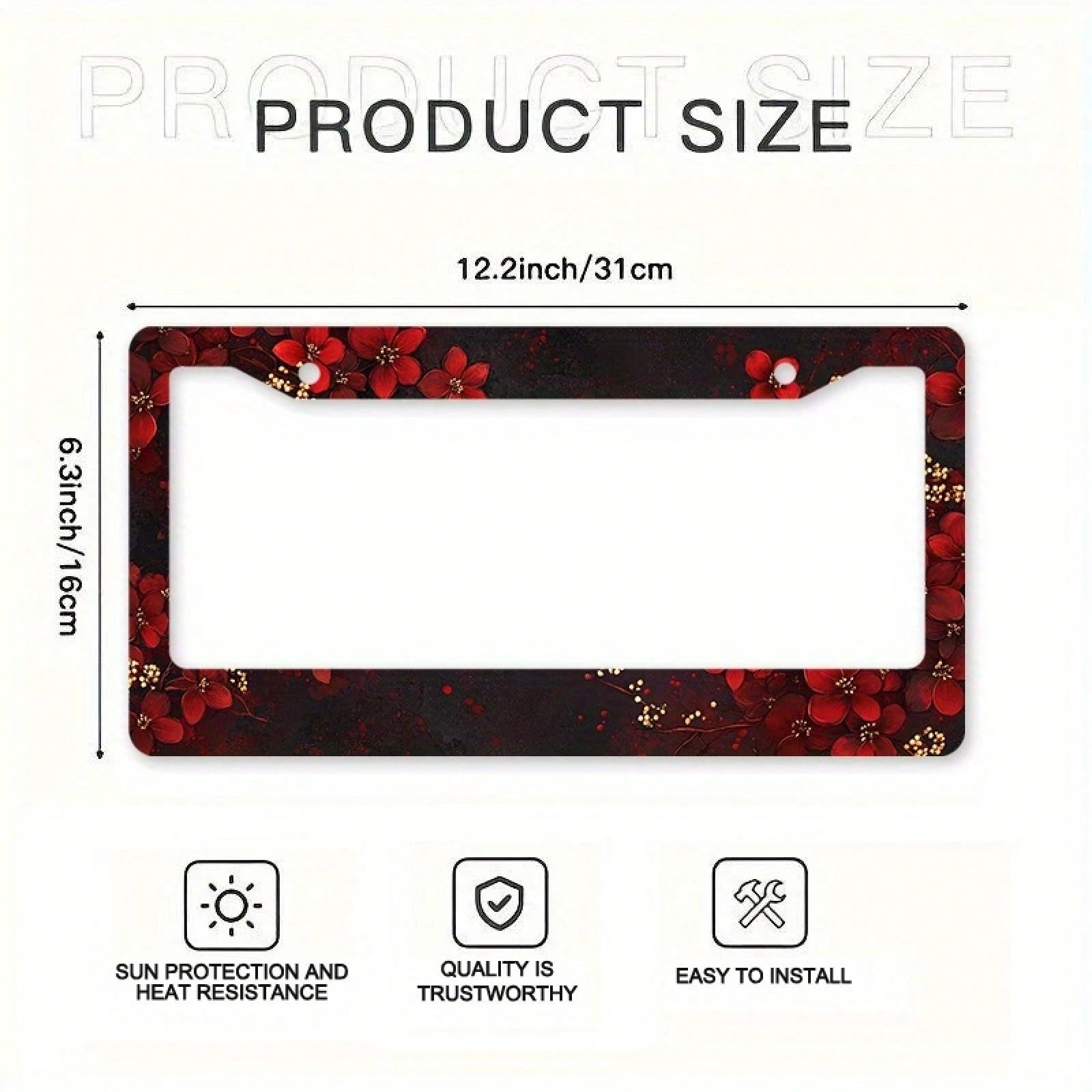 Car K 1PC 2D Flat License Plate Frame, Adorned With Exquisite Red Flowers And Gold Accents, Suitable For American And Most International Vehicles, Includes Mounting Screws, Is A Perfect Car Decoration