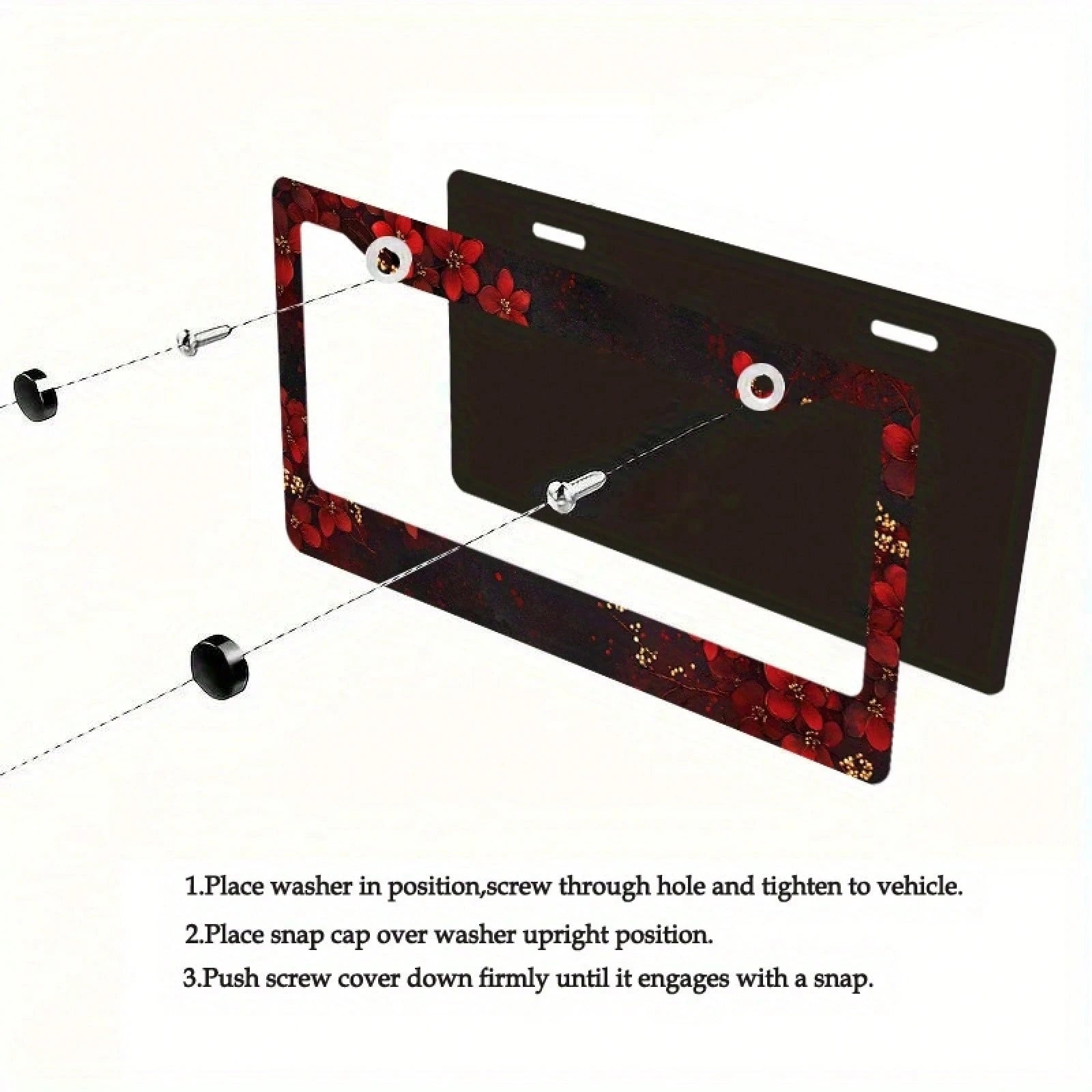 Car K 1PC 2D Flat License Plate Frame, Adorned With Exquisite Red Flowers And Gold Accents, Suitable For American And Most International Vehicles, Includes Mounting Screws, Is A Perfect Car Decoration