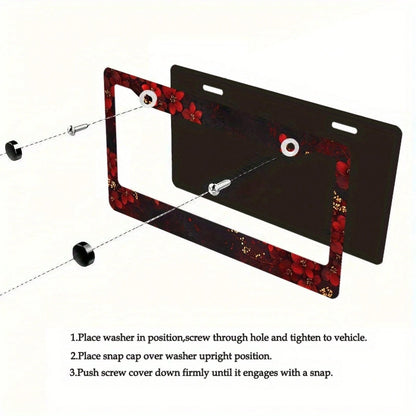 Car K 1PC 2D Flat License Plate Frame, Adorned With Exquisite Red Flowers And Gold Accents, Suitable For American And Most International Vehicles, Includes Mounting Screws, Is A Perfect Car Decoration