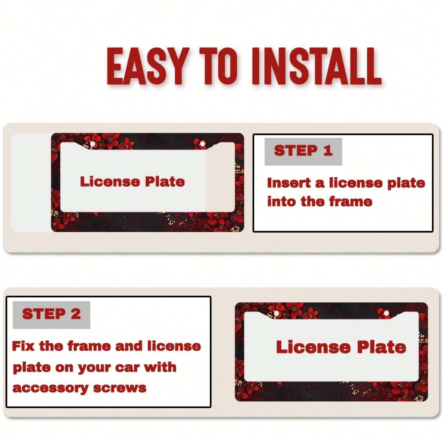 Car K 1PC 2D Flat License Plate Frame, Adorned With Exquisite Red Flowers And Gold Accents, Suitable For American And Most International Vehicles, Includes Mounting Screws, Is A Perfect Car Decoration
