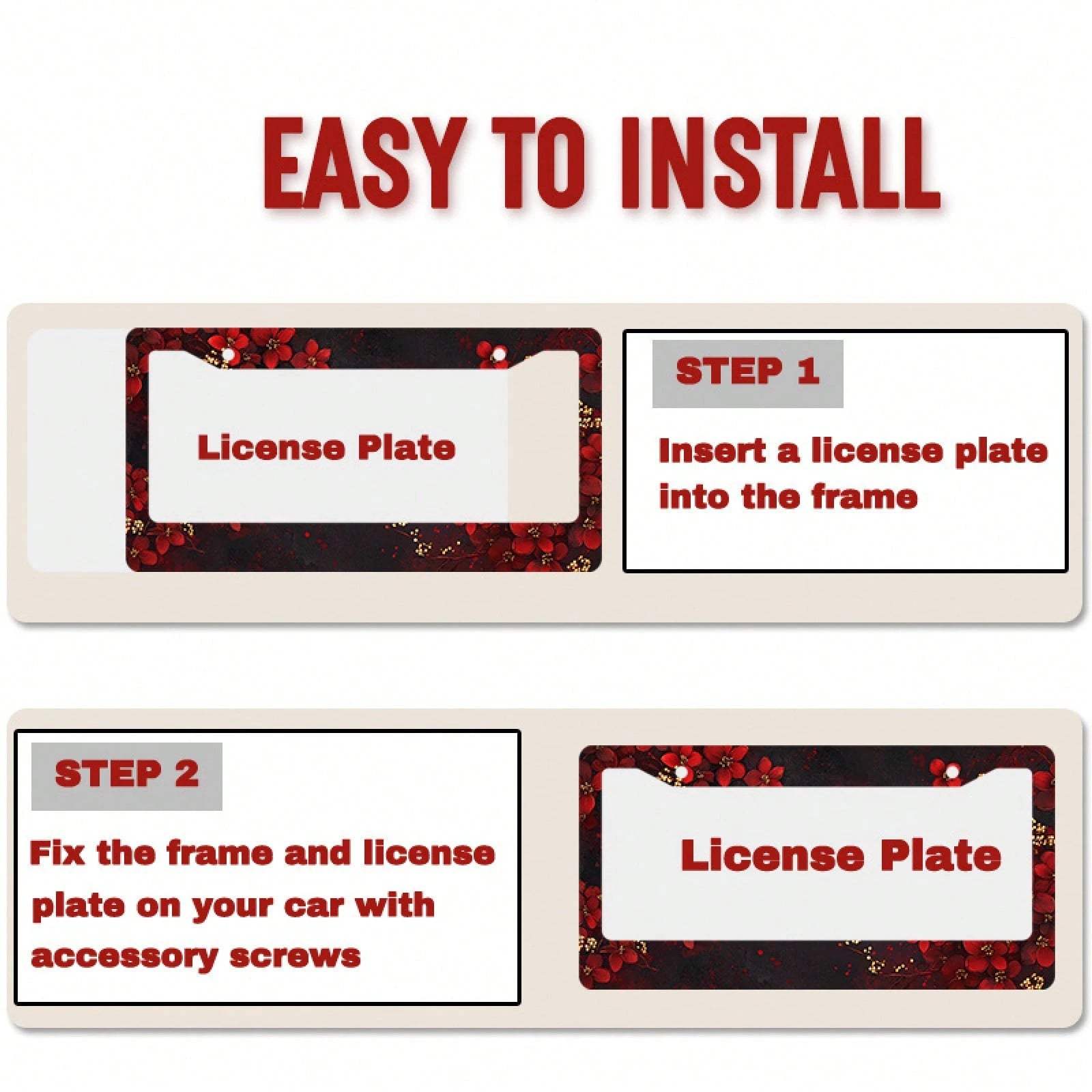 Car K 1PC 2D Flat License Plate Frame, Adorned With Exquisite Red Flowers And Gold Accents, Suitable For American And Most International Vehicles, Includes Mounting Screws, Is A Perfect Car Decoration