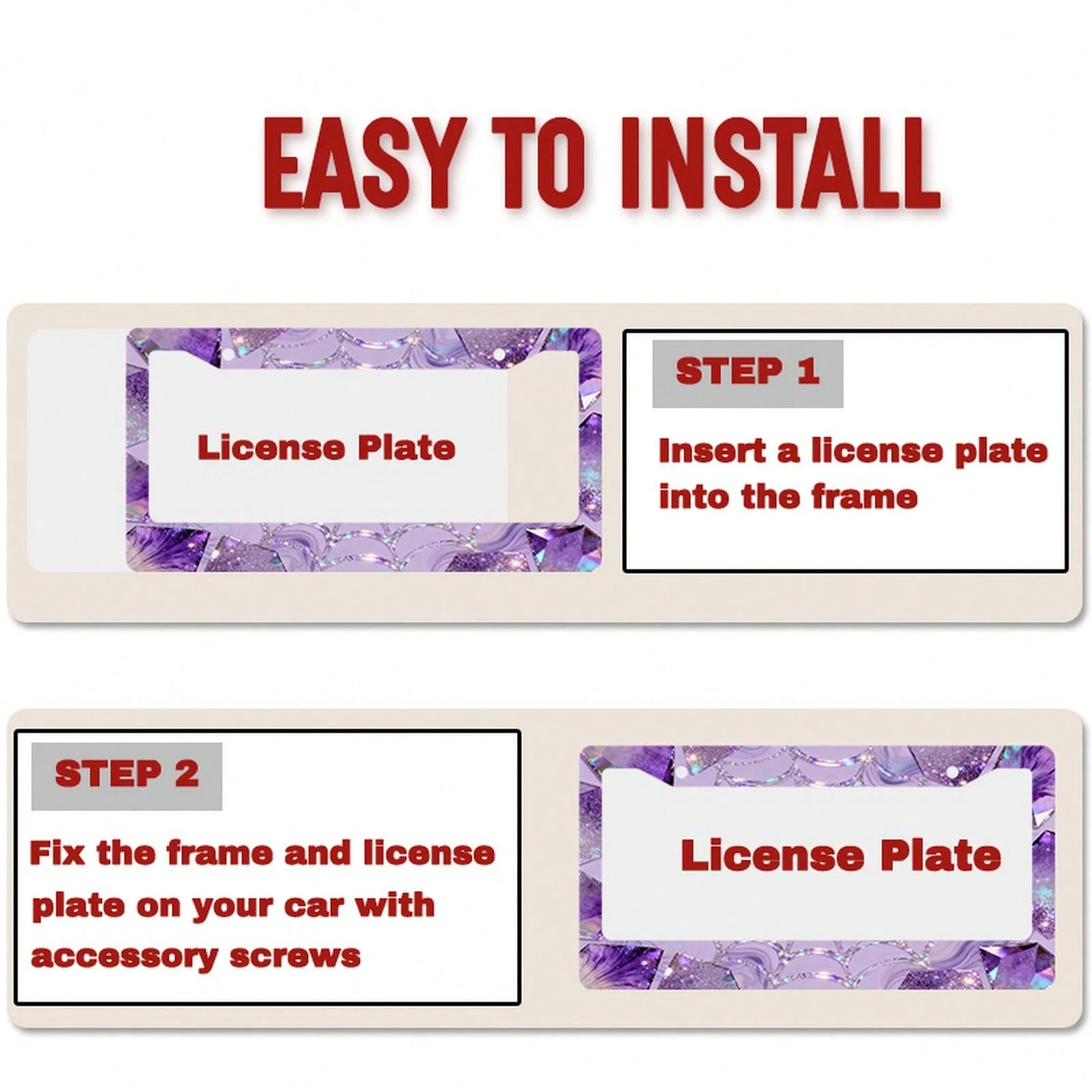 Car K, Car License Plate Protection And Decoration Accessory, 1PC Metal License Plate Frame, Dreamy Purple, Silver Diamond-Shaped Gemstone Design, Suitable For North American And International Vehicle