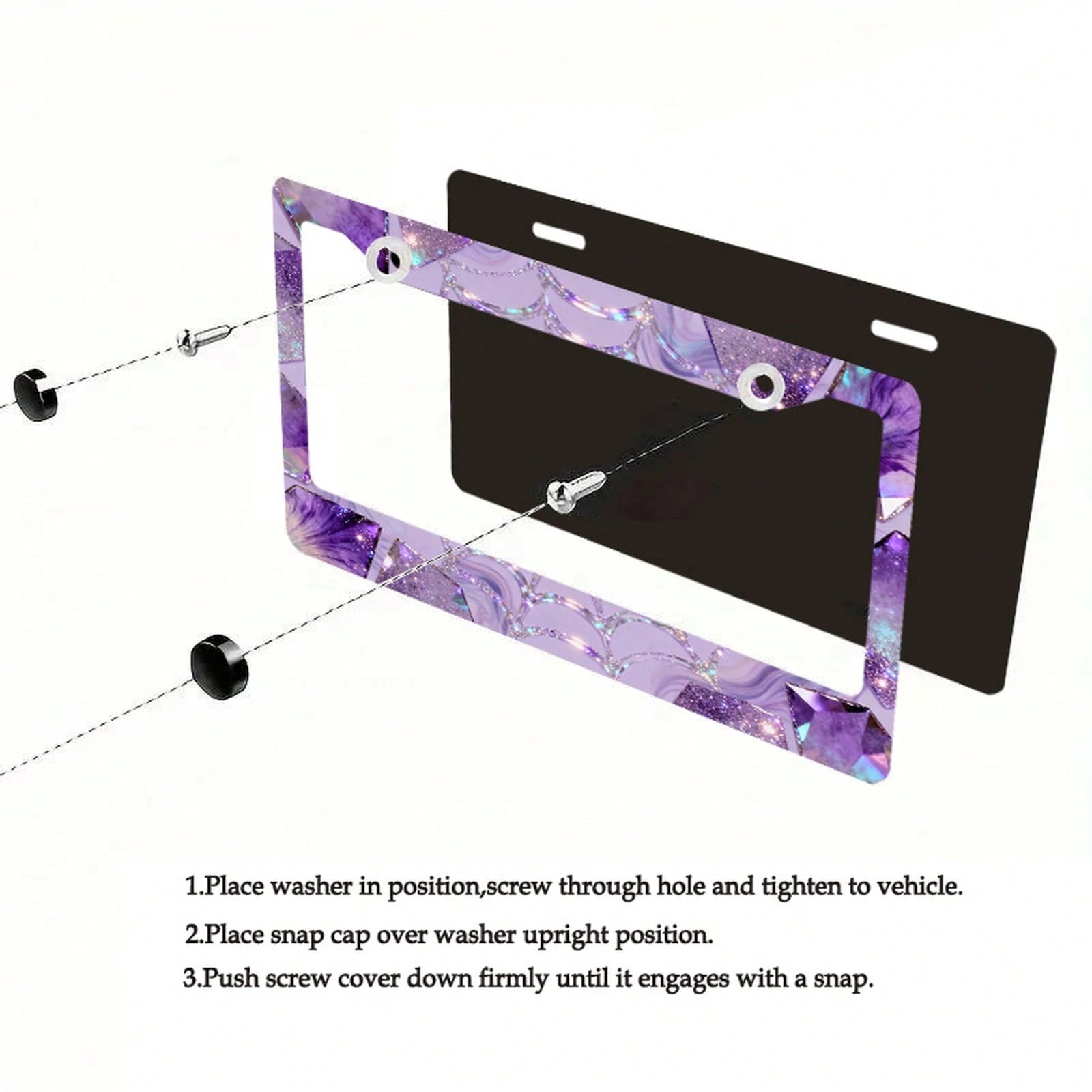 Car K, Car License Plate Protection And Decoration Accessory, 1PC Metal License Plate Frame, Dreamy Purple, Silver Diamond-Shaped Gemstone Design, Suitable For North American And International Vehicle