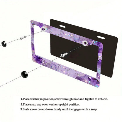 Car K, Car License Plate Protection And Decoration Accessory, 1PC Metal License Plate Frame, Dreamy Purple, Silver Diamond-Shaped Gemstone Design, Suitable For North American And International Vehicle