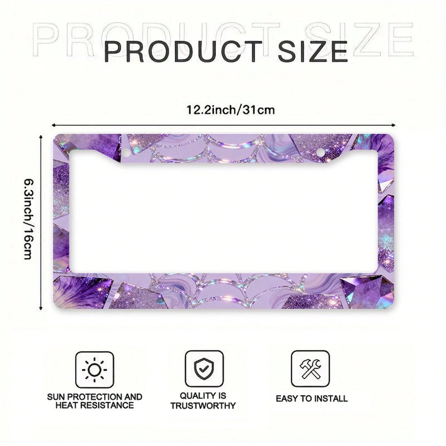 Car K, Car License Plate Protection And Decoration Accessory, 1PC Metal License Plate Frame, Dreamy Purple, Silver Diamond-Shaped Gemstone Design, Suitable For North American And International Vehicle