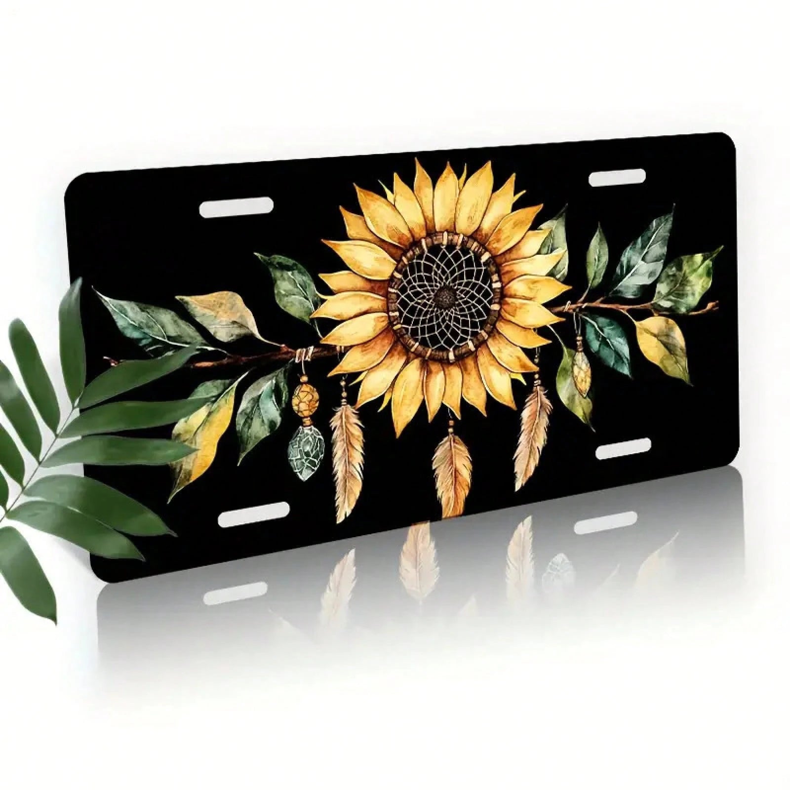 Car P, 2D Flat, 1 Piece, Aluminum License Plate, Car License Plate Frame Decoration Set, Sunflower Dream Catcher Design Waterproof Aluminum License Plate Cover, Unisex 12inchx6inch