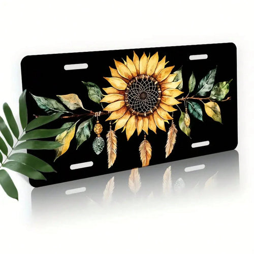 Car P, 2D Flat, 1 Piece, Aluminum License Plate, Car License Plate Frame Decoration Set, Sunflower Dream Catcher Design Waterproof Aluminum License Plate Cover, Unisex 12inchx6inch