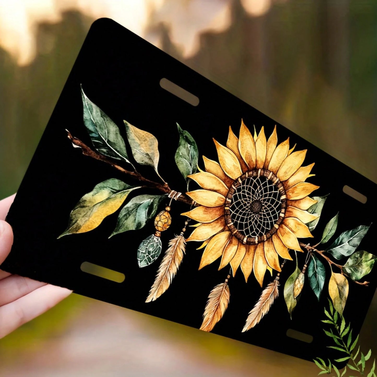 Car P, 2D Flat, 1 Piece, Aluminum License Plate, Car License Plate Frame Decoration Set, Sunflower Dream Catcher Design Waterproof Aluminum License Plate Cover, Unisex 12inchx6inch