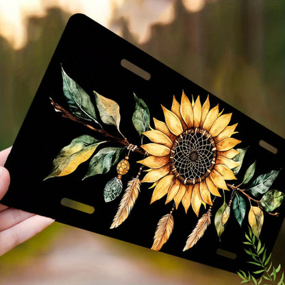 Car P, 2D Flat, 1 Piece, Aluminum License Plate, Car License Plate Frame Decoration Set, Sunflower Dream Catcher Design Waterproof Aluminum License Plate Cover, Unisex 12inchx6inch