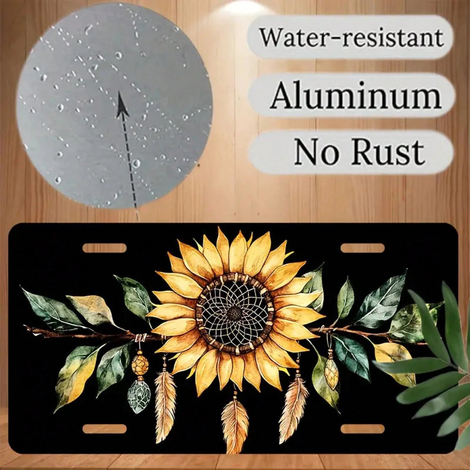 Car P, 2D Flat, 1 Piece, Aluminum License Plate, Car License Plate Frame Decoration Set, Sunflower Dream Catcher Design Waterproof Aluminum License Plate Cover, Unisex 12inchx6inch