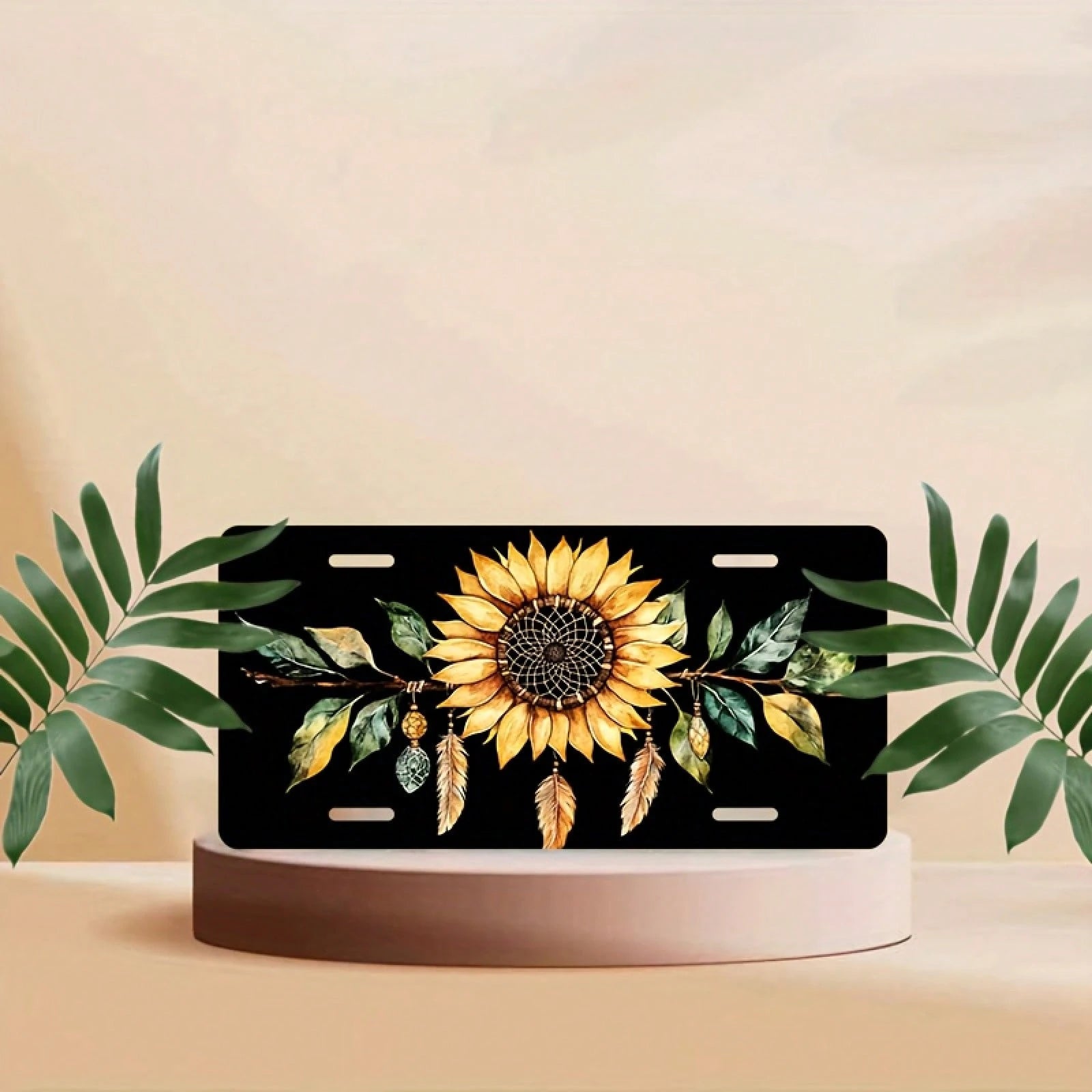 Car P, 2D Flat, 1 Piece, Aluminum License Plate, Car License Plate Frame Decoration Set, Sunflower Dream Catcher Design Waterproof Aluminum License Plate Cover, Unisex 12inchx6inch
