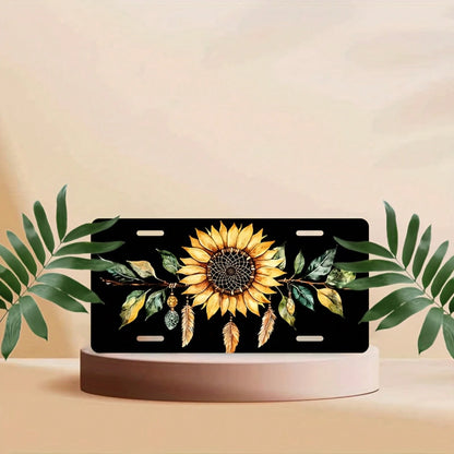 Car P, 2D Flat, 1 Piece, Aluminum License Plate, Car License Plate Frame Decoration Set, Sunflower Dream Catcher Design Waterproof Aluminum License Plate Cover, Unisex 12inchx6inch