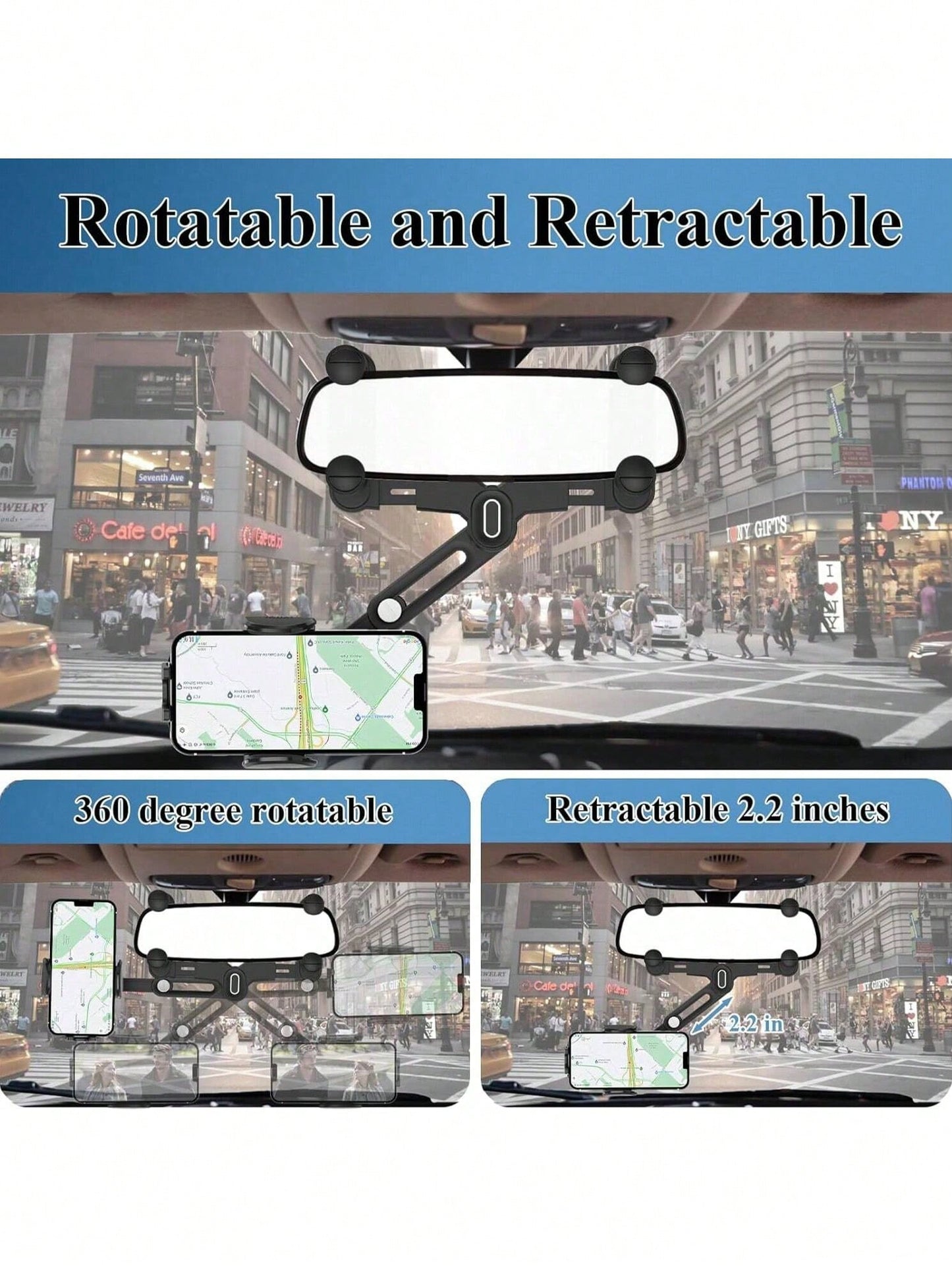 Car Phone Mount For Rearview Mirror, 7th Gen Anti-Shake Car Phone Holder With 4 Slider Clamps, One-Handed Operation 180° Rotation Telescopic Arm, Universal Fit 4-7 Inch Phones, Magnetic & Clip Version