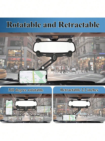 Car Phone Mount For Rearview Mirror, 7th Gen Anti-Shake Car Phone Holder With 4 Slider Clamps, One-Handed Operation 180° Rotation Telescopic Arm, Universal Fit 4-7 Inch Phones, Magnetic & Clip Version