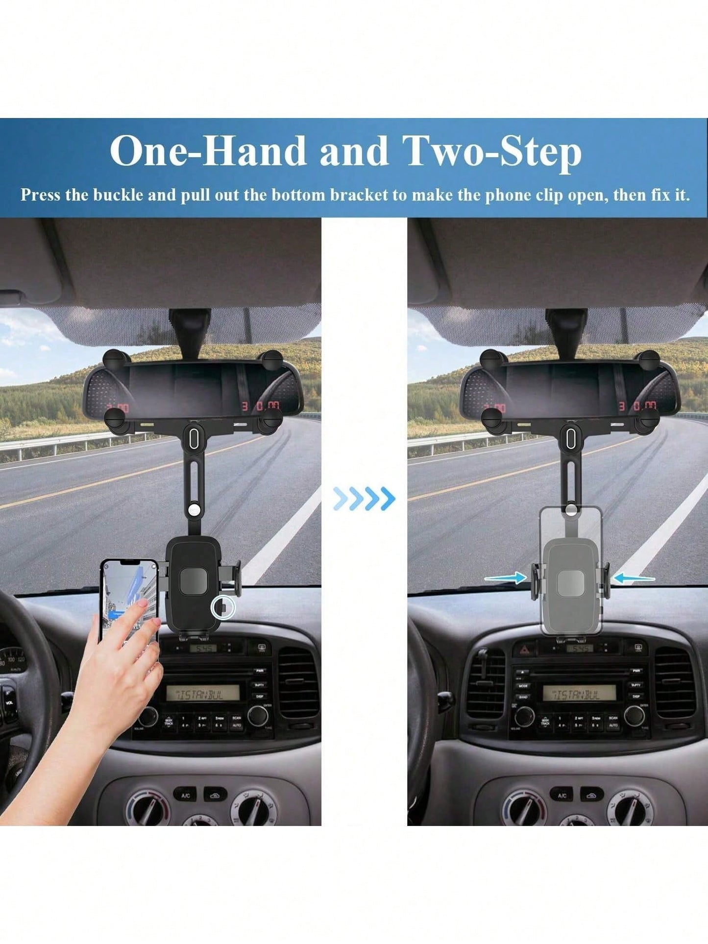 Car Phone Mount For Rearview Mirror, 7th Gen Anti-Shake Car Phone Holder With 4 Slider Clamps, One-Handed Operation 180° Rotation Telescopic Arm, Universal Fit 4-7 Inch Phones, Magnetic & Clip Version