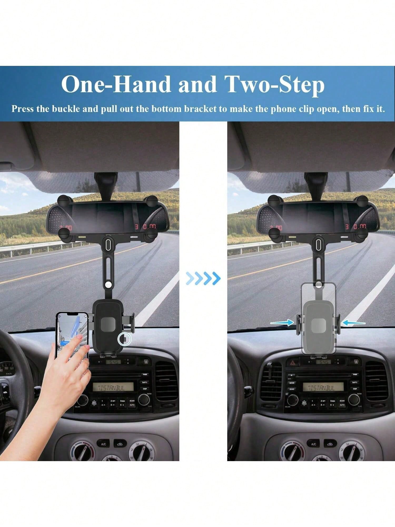 Car Phone Mount For Rearview Mirror, 7th Gen Anti-Shake Car Phone Holder With 4 Slider Clamps, One-Handed Operation 180° Rotation Telescopic Arm, Universal Fit 4-7 Inch Phones, Magnetic & Clip Version
