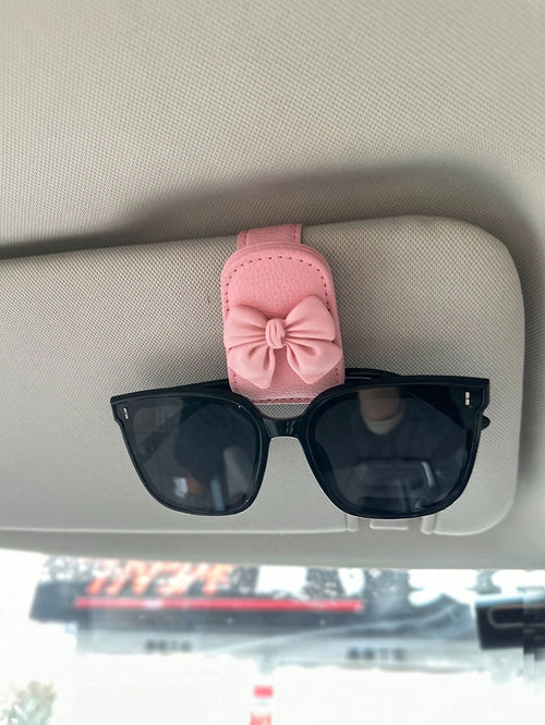 Car Sun Visor Glasses Clip Bowknot Cute Pink Interior Sunglasses Storage Holder, Car Accessories