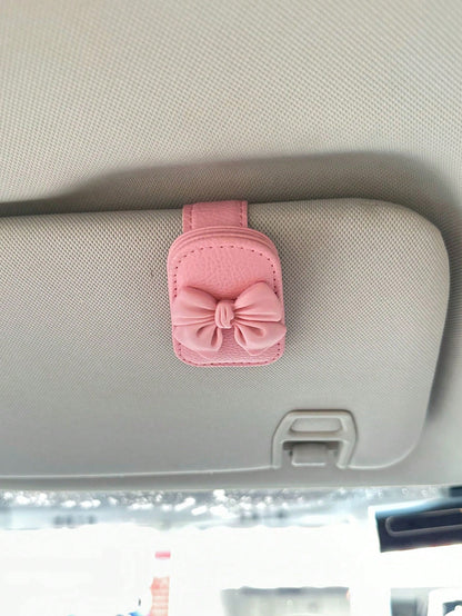 Car Sun Visor Glasses Clip Bowknot Cute Pink Interior Sunglasses Storage Holder, Car Accessories