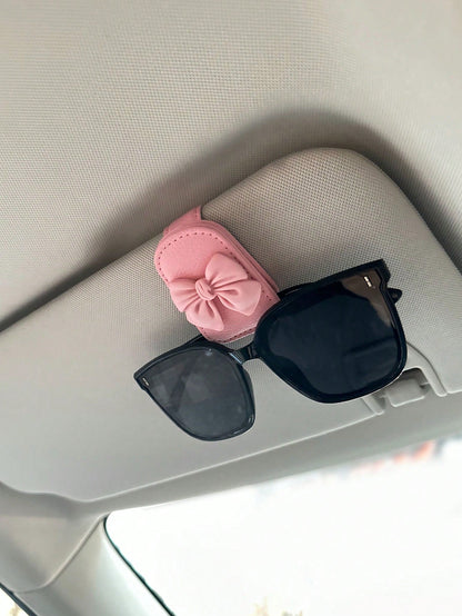 Car Sun Visor Glasses Clip Bowknot Cute Pink Interior Sunglasses Storage Holder, Car Accessories