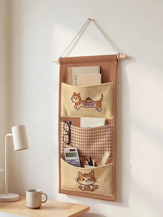 Cartoon Cat Print Hanging Fabric Organizer Bag, Multi-Compartment Storage For Underwear, Socks And Miscellaneous Items, Student Dorm Door Hanging Bag, 58*28.5cm Large Capacity Home Bedroom Layered Han