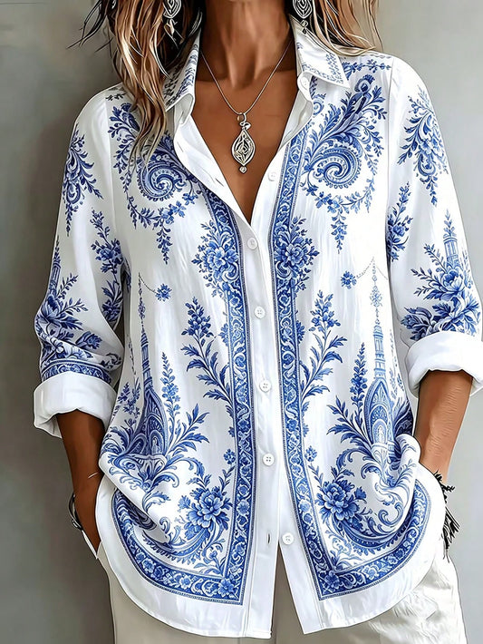 Casual Fashion Baroque Floral Print Women's Plus Size Long Sleeve Button-Up Blouse