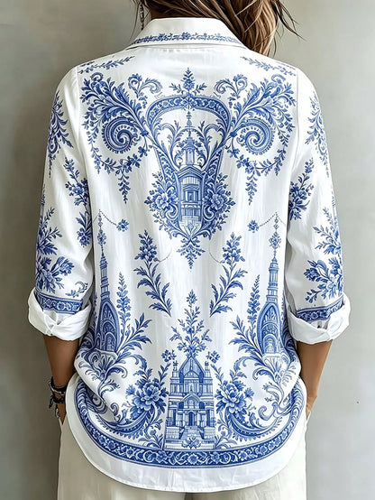 Casual Fashion Baroque Floral Print Women's Plus Size Long Sleeve Button-Up Blouse