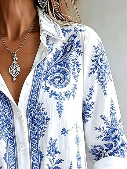 Casual Fashion Baroque Floral Print Women's Plus Size Long Sleeve Button-Up Blouse