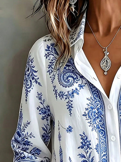 Casual Fashion Baroque Floral Print Women's Plus Size Long Sleeve Button-Up Blouse