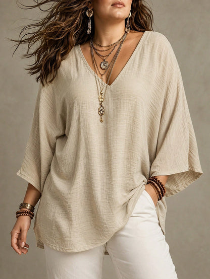 Ceyna Plus Size Women French Casual Elegant V-Neck 3/4 Sleeve Blouse Fall