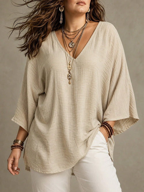 Ceyna Plus Size Women French Casual Elegant V-Neck 3/4 Sleeve Blouse Fall