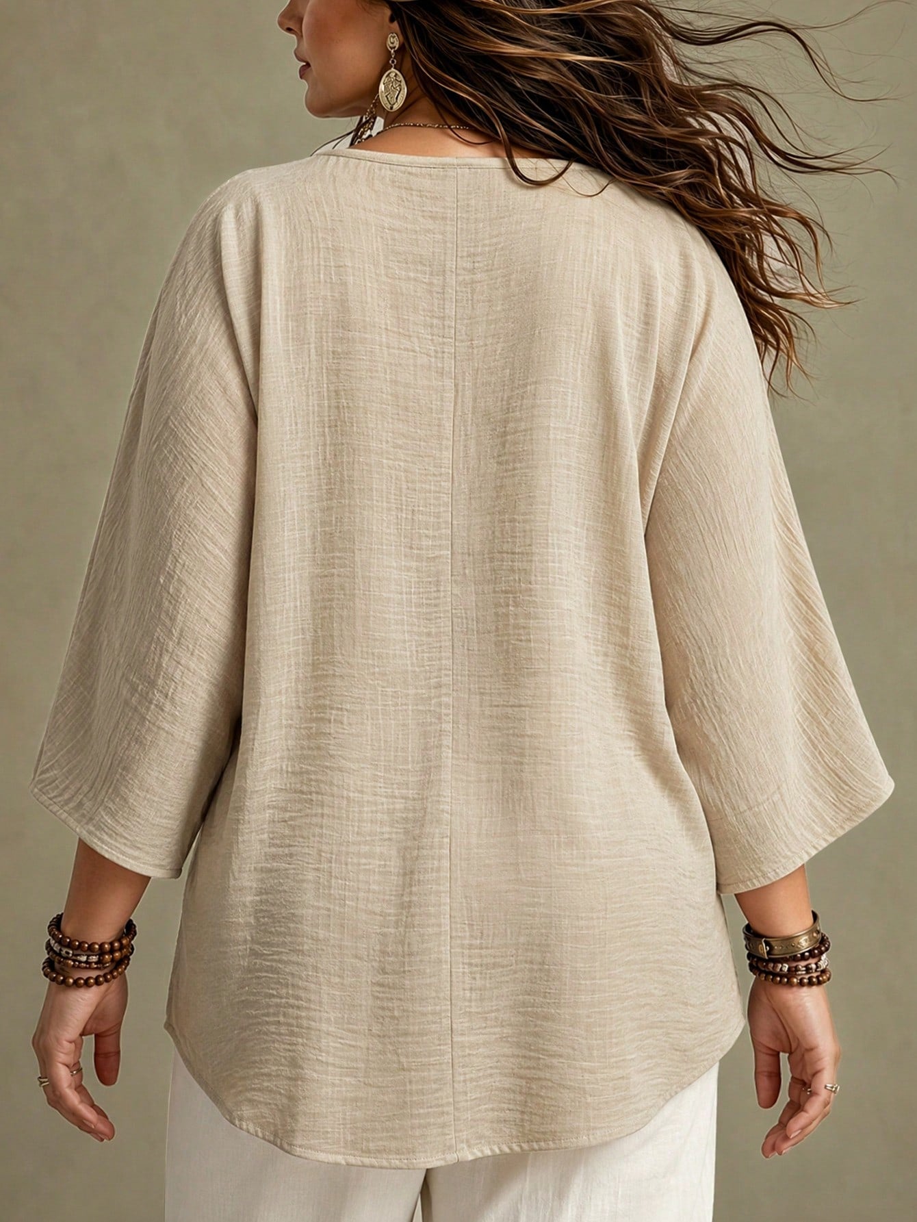 Ceyna Plus Size Women French Casual Elegant V-Neck 3/4 Sleeve Blouse Fall